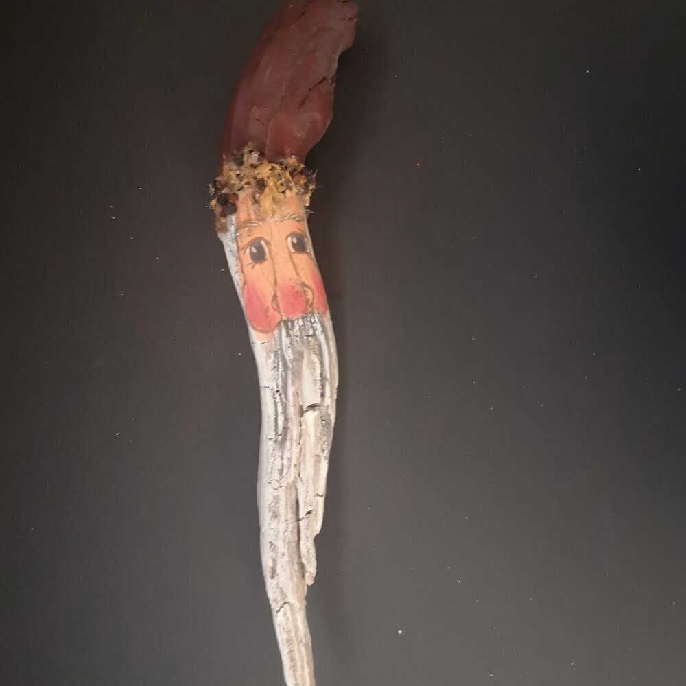 Rustic Hand Painted & Decorated Vintage Natural Wood Branch Santa Face 13" Long